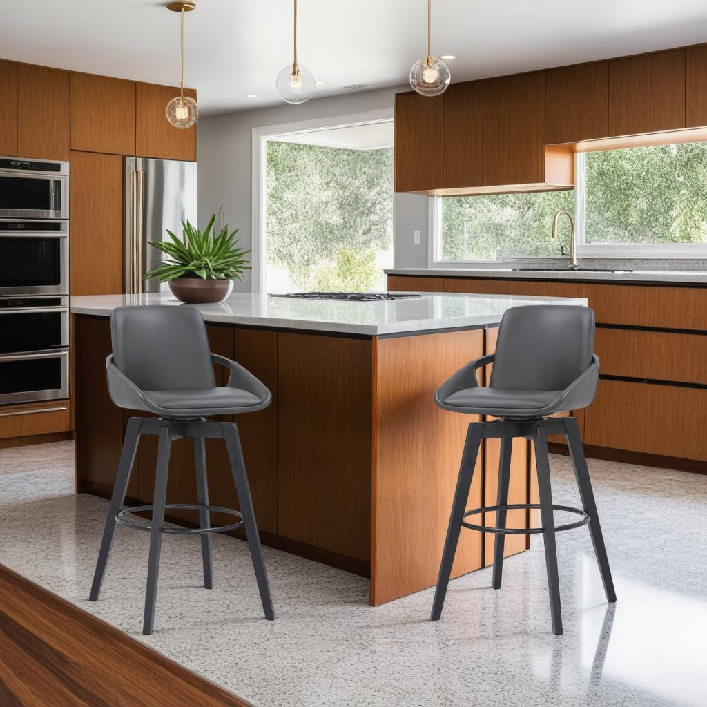 Baylor Mid Century Modern Swivel Bar Stool for Kitchen Island Counter in Gray Faux Leather and Black Wood, 26" Seat Height-1