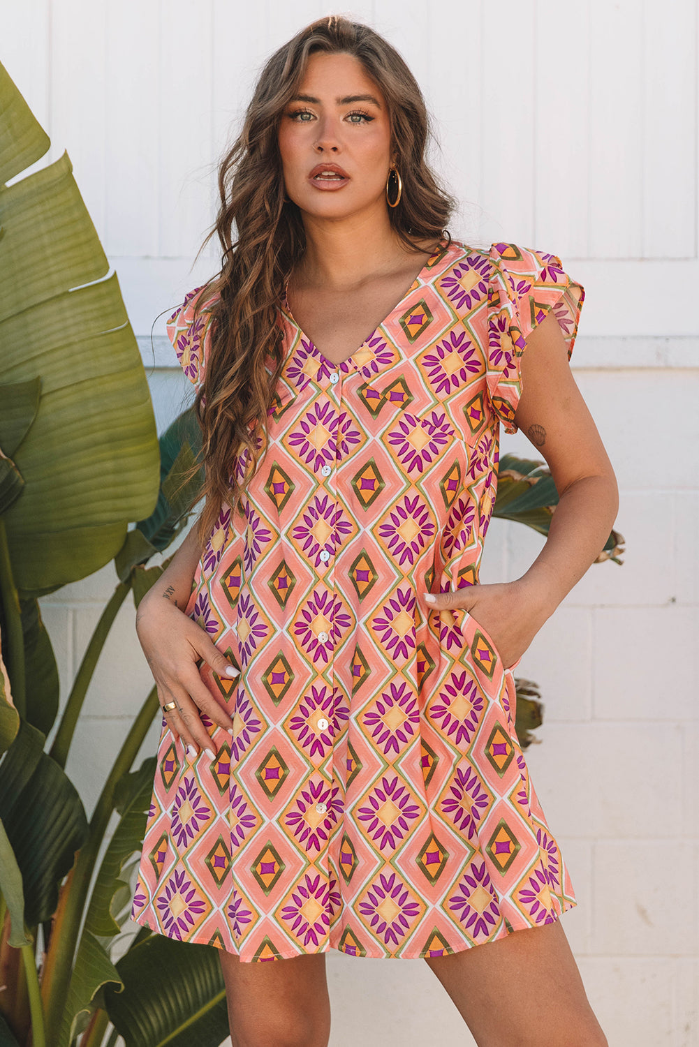 Alexandria Floral V Neck Buttoned Ruffled Sleeve Mini Dress-3