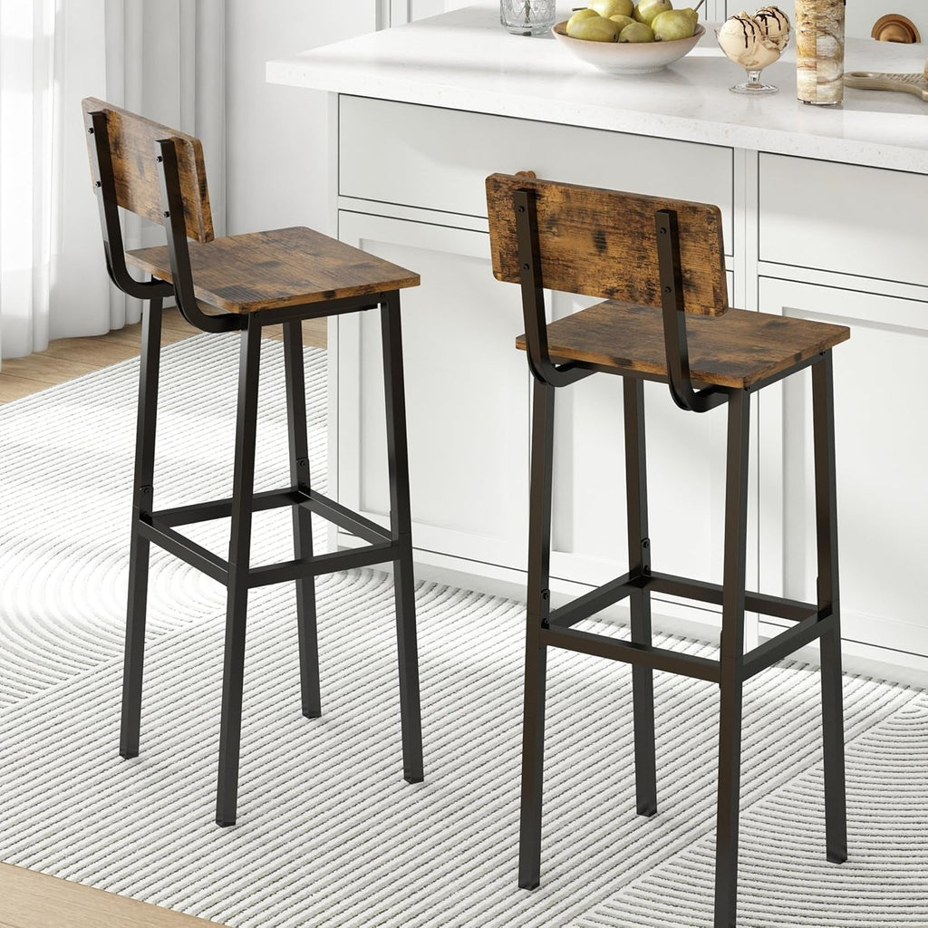 Set of 2 Bar Stools, Tall Bar Stools with Backrest and Footrest, Tall Bar Chairs, Industrial Style Counter Height Bar Stools for Dining Room, Kitchen, Bar Rustic Brown-0