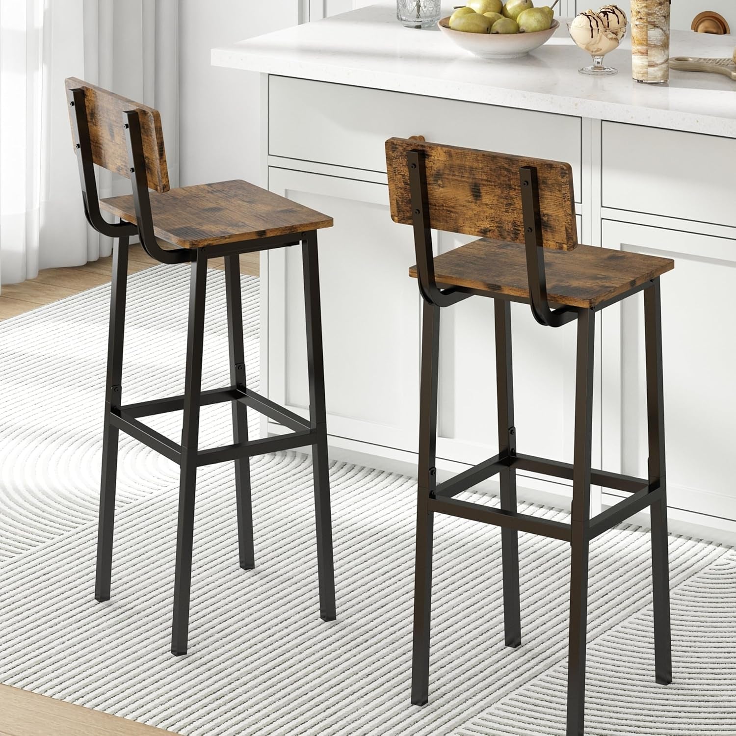 Set of 2 Bar Stools, Tall Bar Stools with Backrest and Footrest, Tall Bar Chairs, Industrial Style Counter Height Bar Stools for Dining Room, Kitchen, Bar Rustic Brown-0