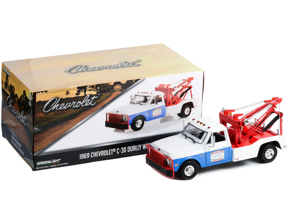 1969 Chevrolet C-30 Dually Wrecker Tow Truck White and Blue "Hazzard County Garage" 1/18 Diecast Model Car by Greenlight