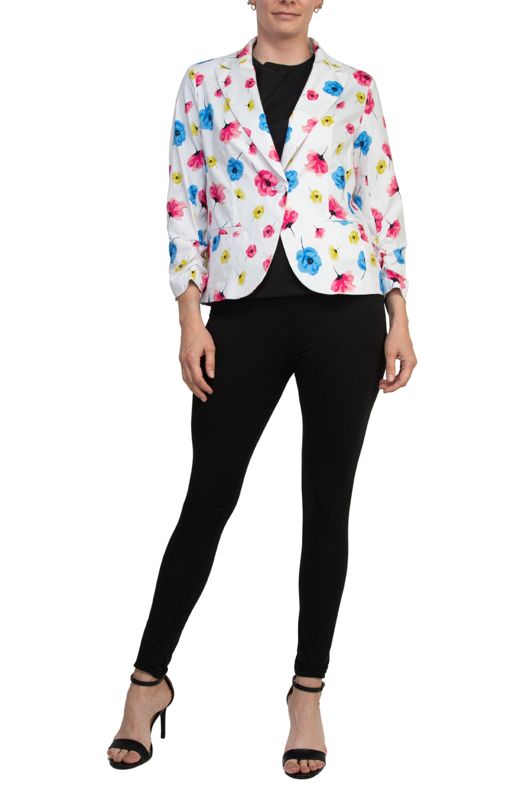 Peace of Cloth Notched Lapel Collar Bright White Floral Print Cropped Fit Blazer