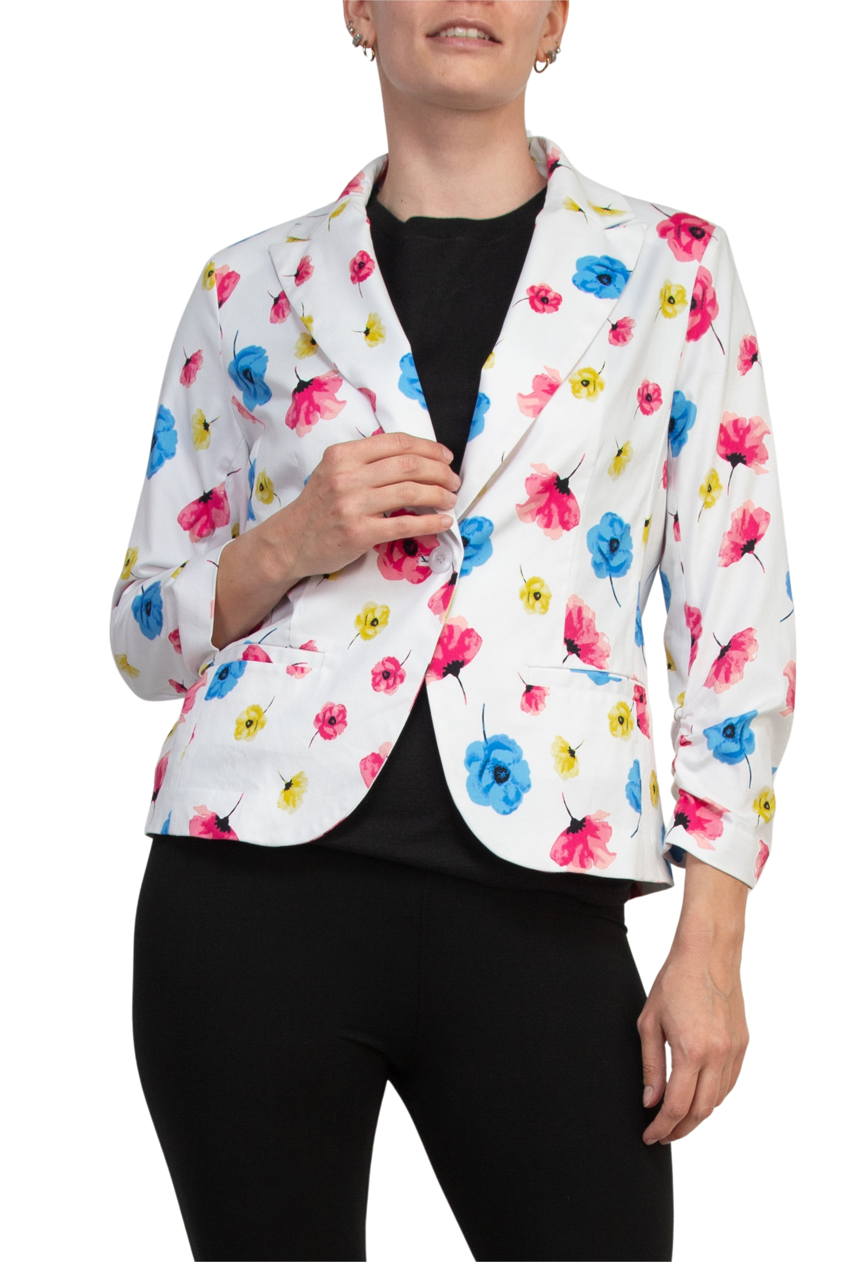 Peace of Cloth Notched Lapel Collar Bright White Floral Print Cropped Fit Blazer