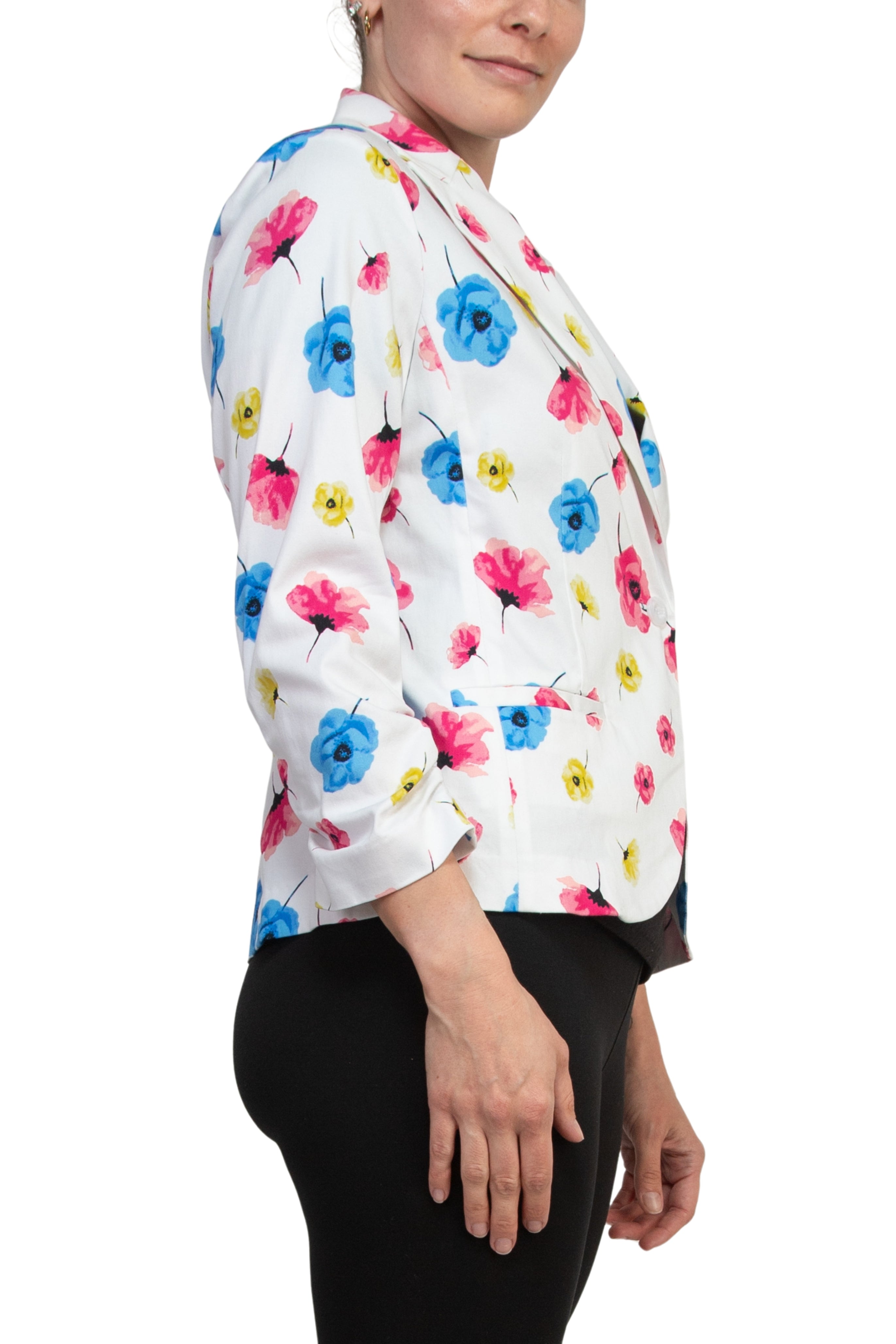 Peace of Cloth Notched Lapel Collar Bright White Floral Print Cropped Fit Blazer