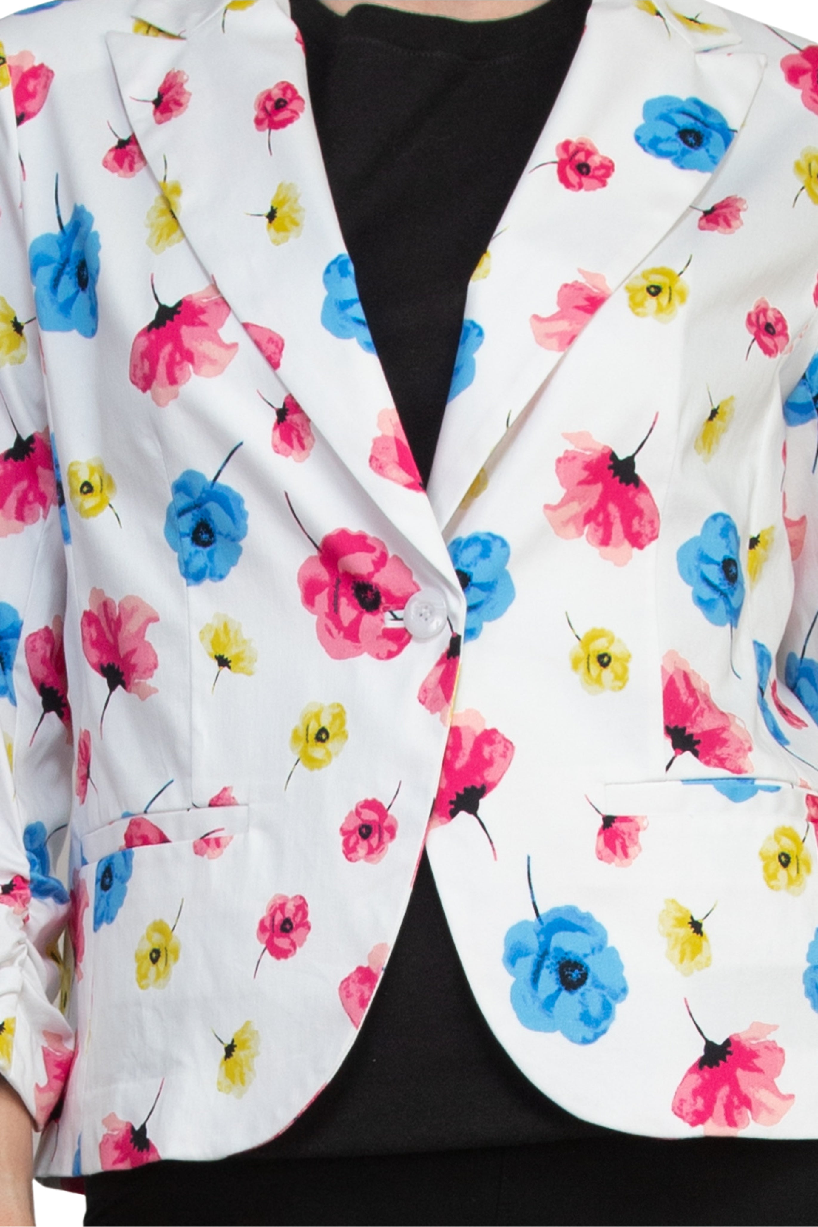 Peace of Cloth Notched Lapel Collar Bright White Floral Print Cropped Fit Blazer