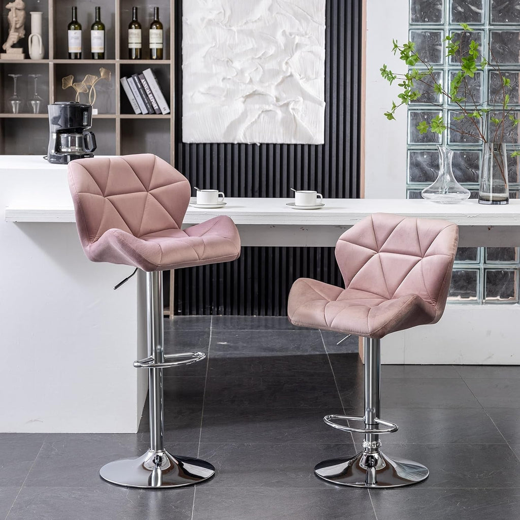 Breni Velvet Diamond Tufted Swivel Adjustable Height Barstools, Set of 2, Mauve-1