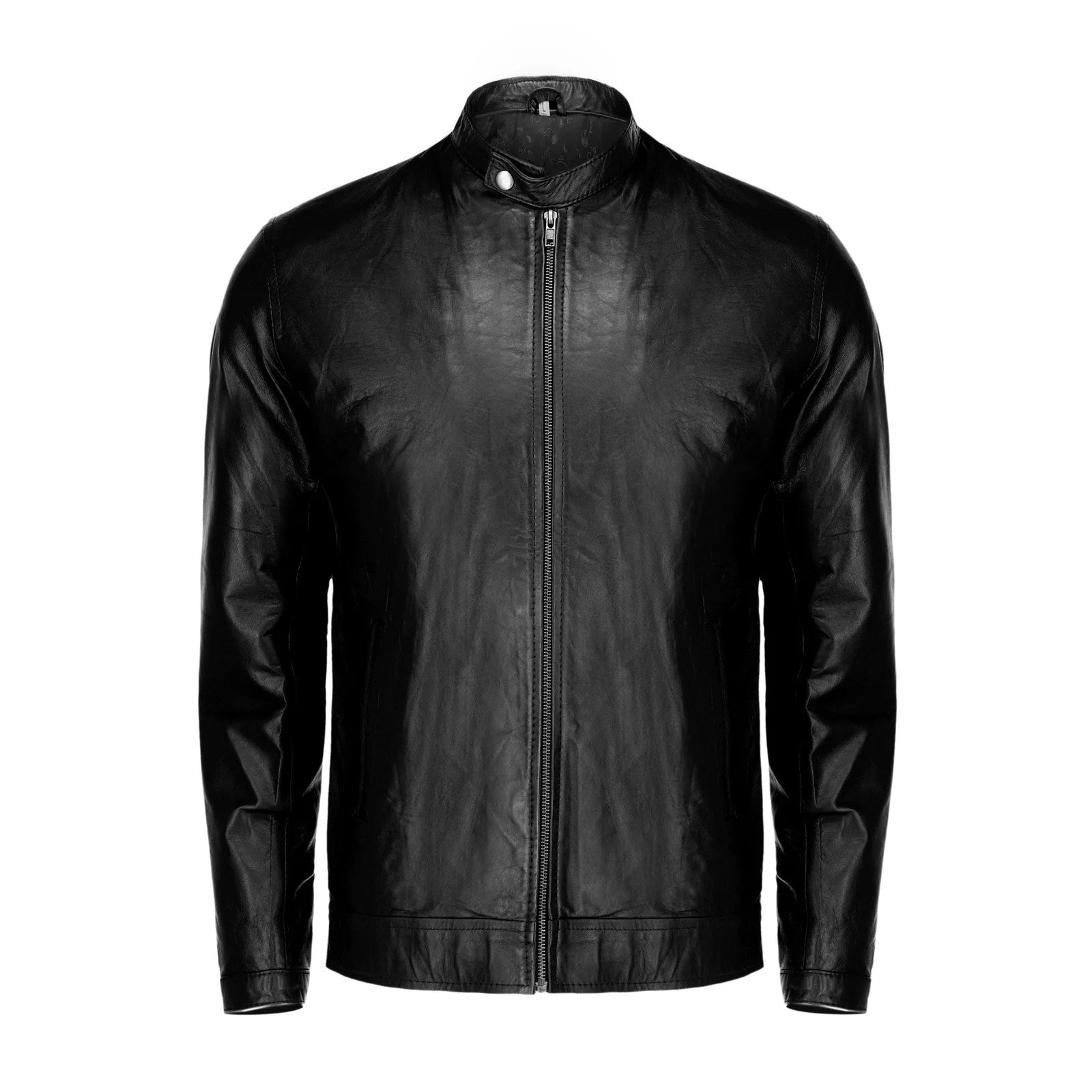 Black Mens Pure Sheep Leather Zipper Jacket-3