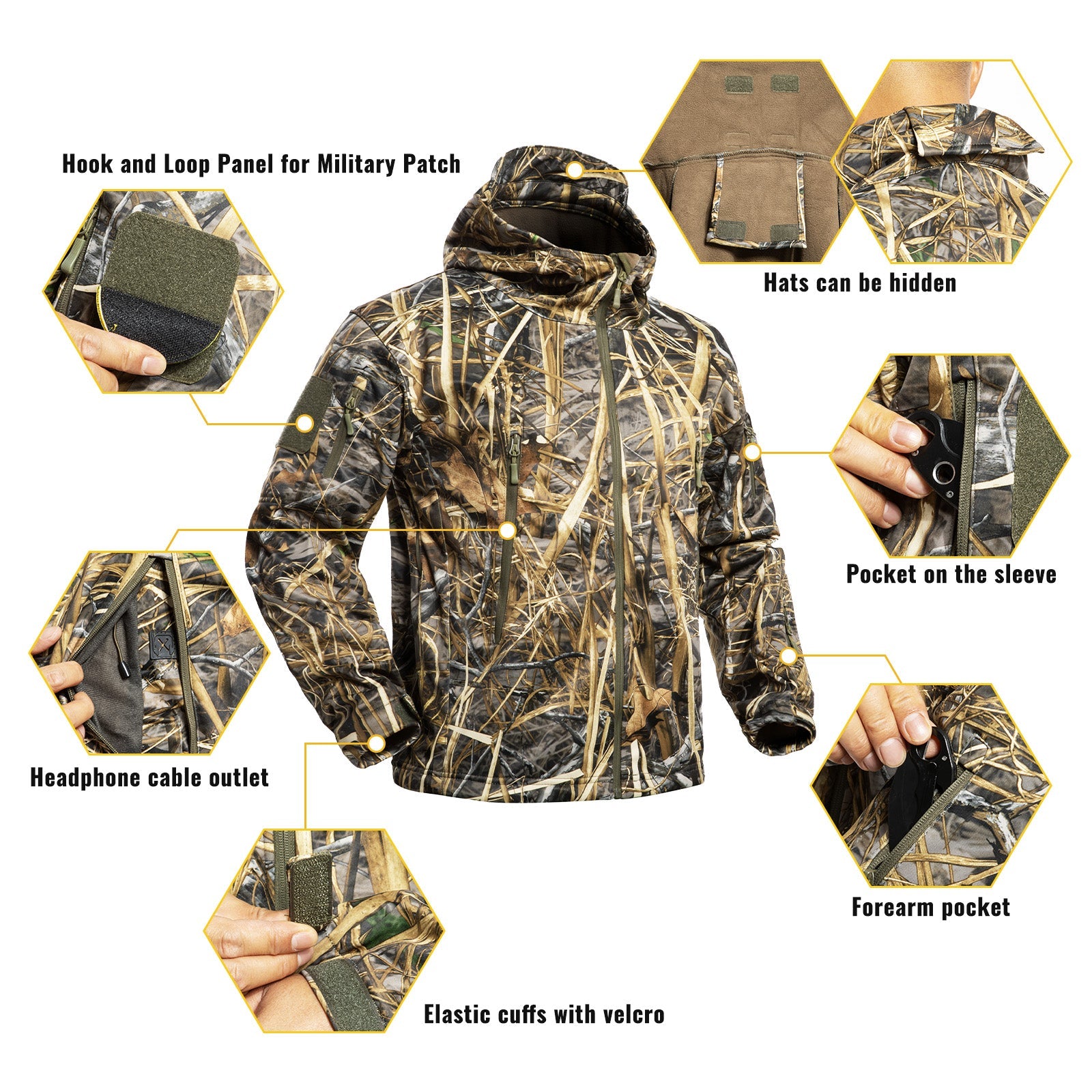 Hunting Jacket for Men Quiet Hunting Camouflage Clothing Hoodie Camo Coat