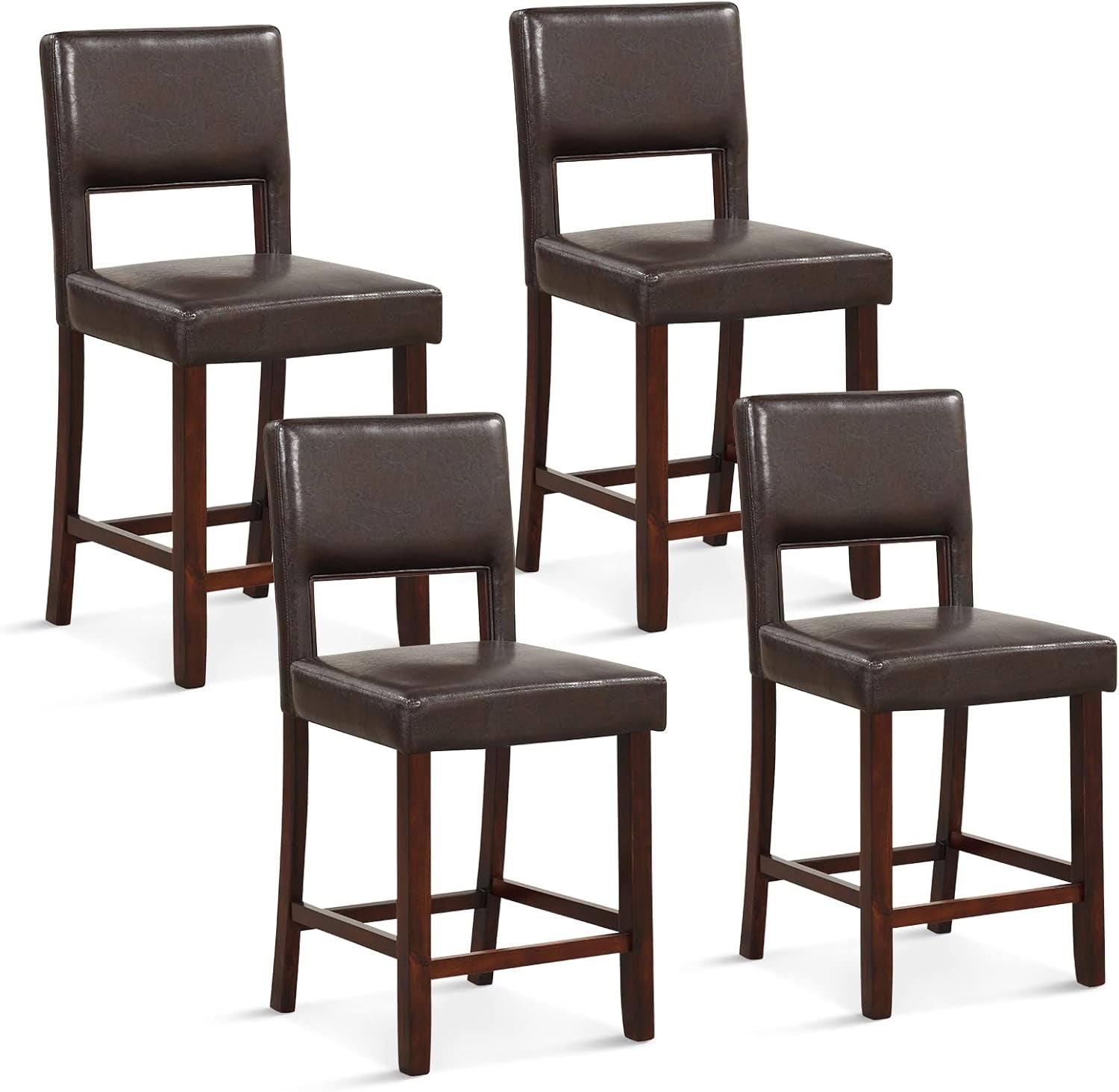 Bar Stools Set of 4, PVC Leather 24.5 Inch Counter Height Chairs with Hollowed Backs, Rubber Wood Legs, Upholstered Barstools for Kitchen Island Home Bar Pub Dining Room, Brown-0