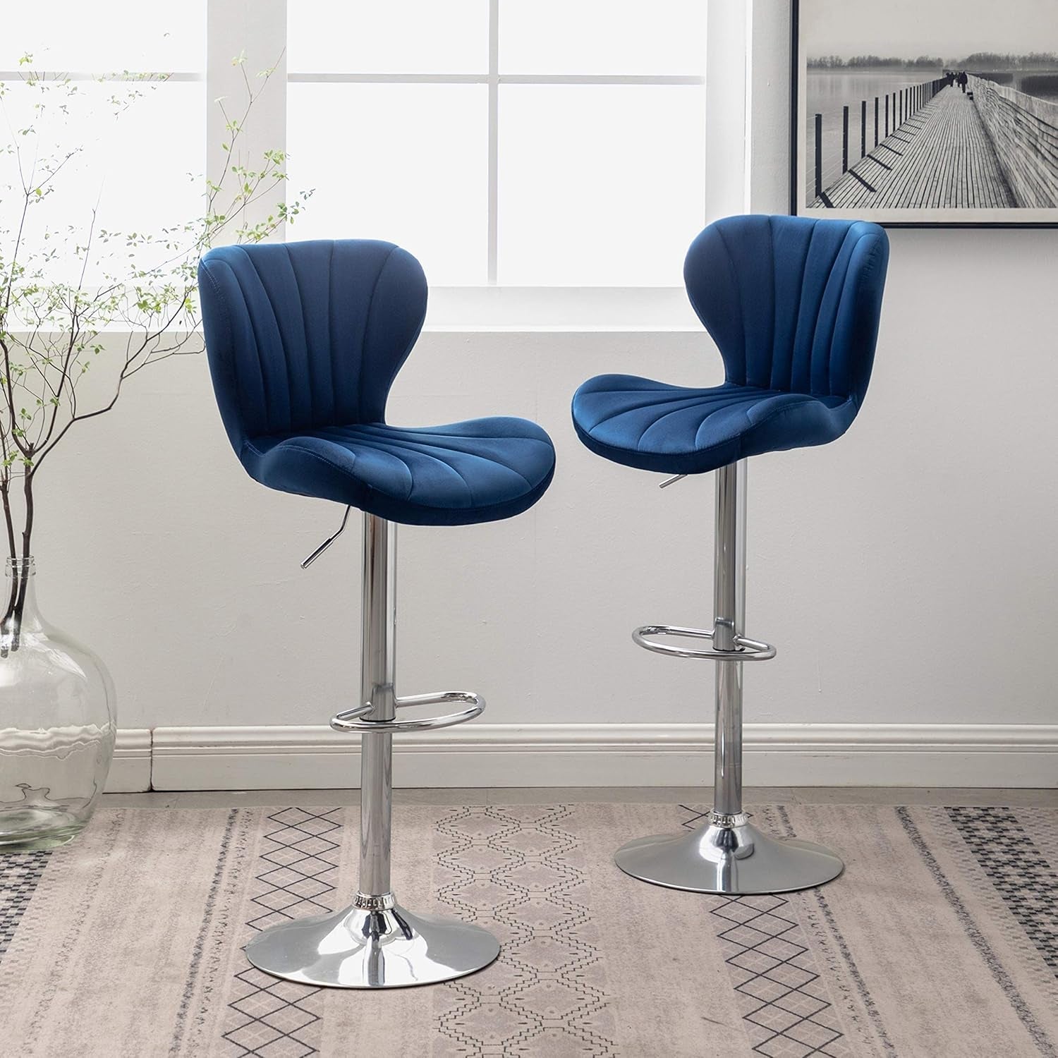 Ellston Velvet Adjustable Swivel Barstools in Blue, Set of 2-3