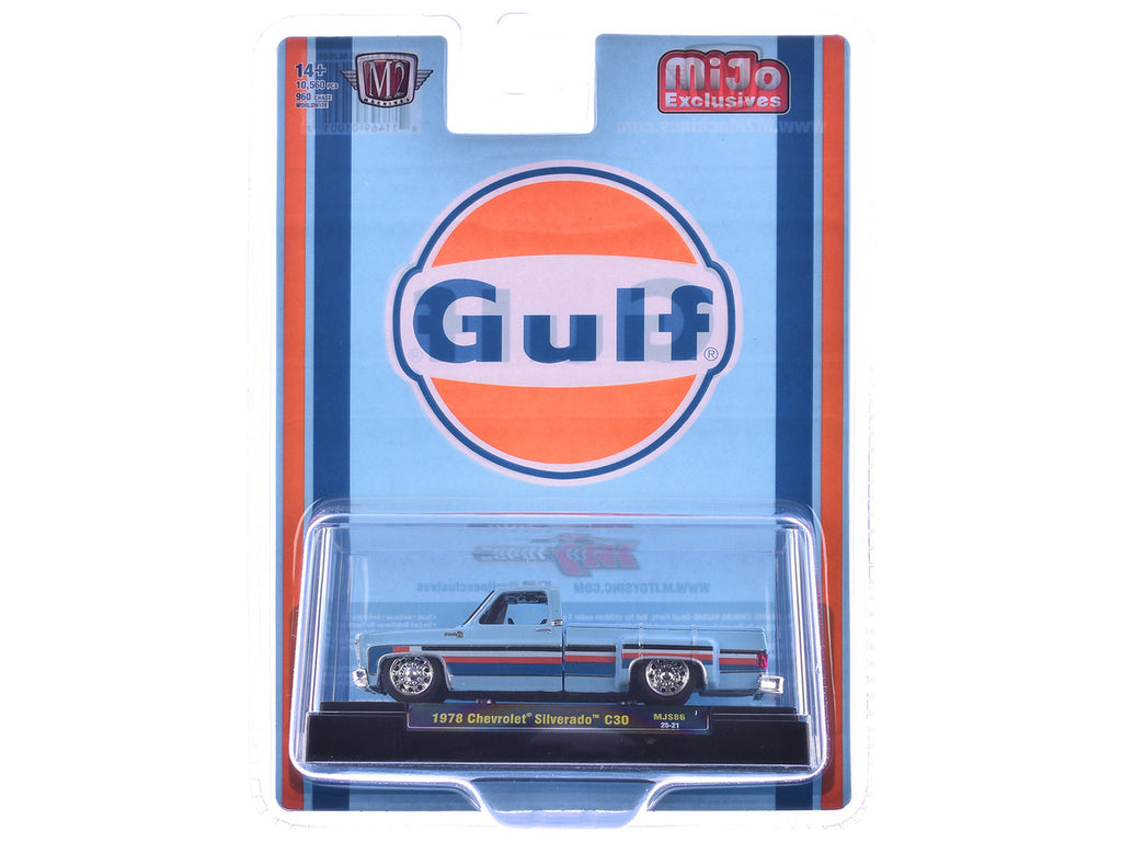 1978 Chevrolet Silverado 30 Pickup Truck "Gulf Oil" Light Blue with Stripes Limited Edition to 10560 pieces Worldwide 1/64 Diecast Model Car by M2 Machines-1