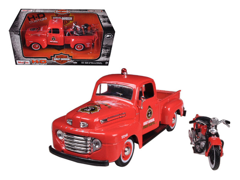 1948 Ford F-1 Pickup Truck "Harley Davidson" Fire Truck and 1936 El Knucklehead Motorcycle 1/24 Diecast Models by Maisto-0