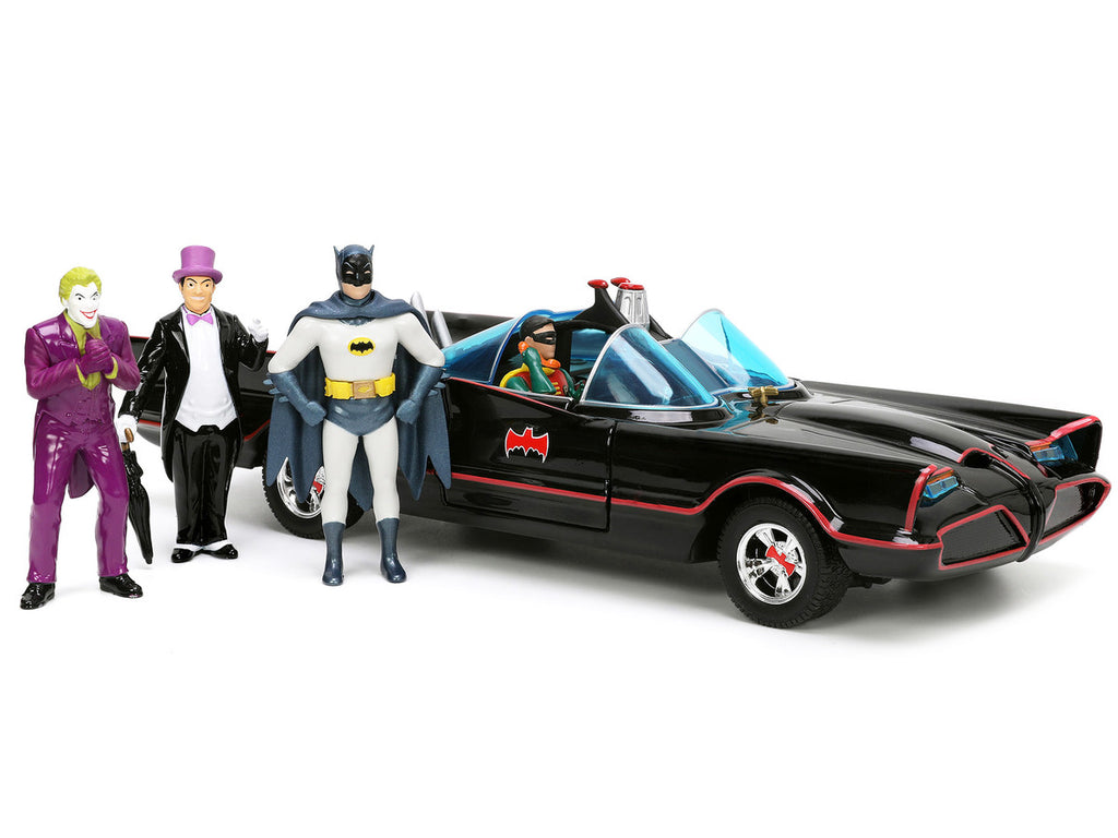 1966 Classic Batmobile with Diecast Batman The Joker The Penguin and Plastic Robin Sitting Inside The Car "Batman" TV Series (1966) "Hollywood Rides" Series 1/24 Diecast Model Car by Jada-1