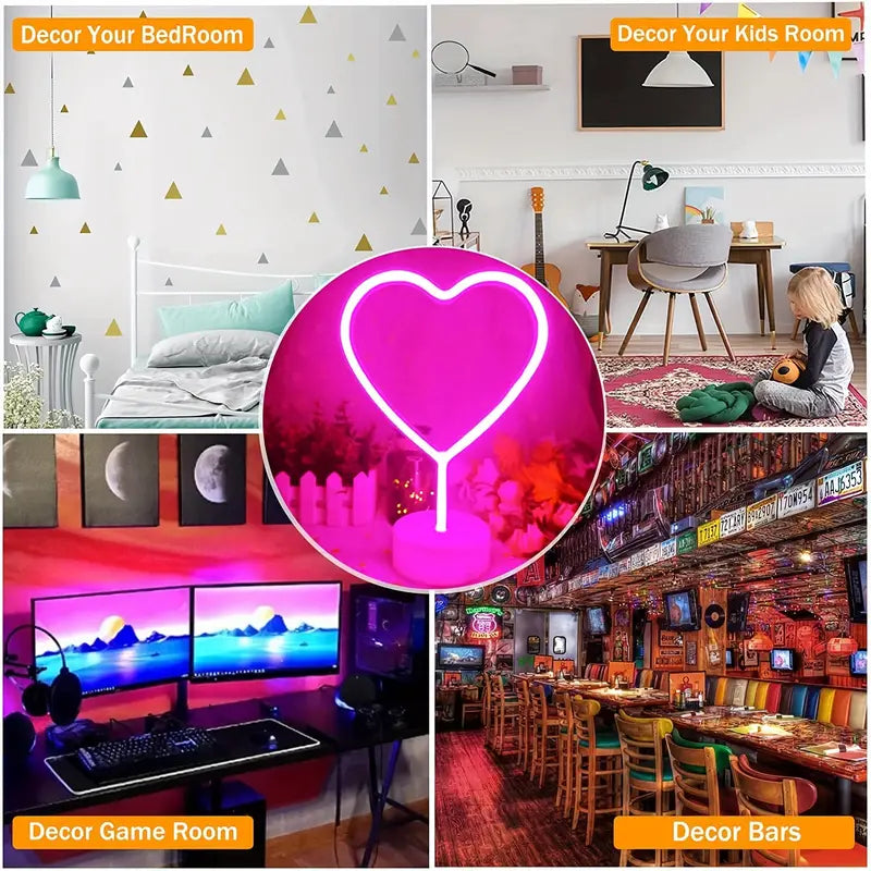 Neon Heart Light: LED Neon Signs Night Light(Pink) - Heart-Shaped Light with Holder Base-4