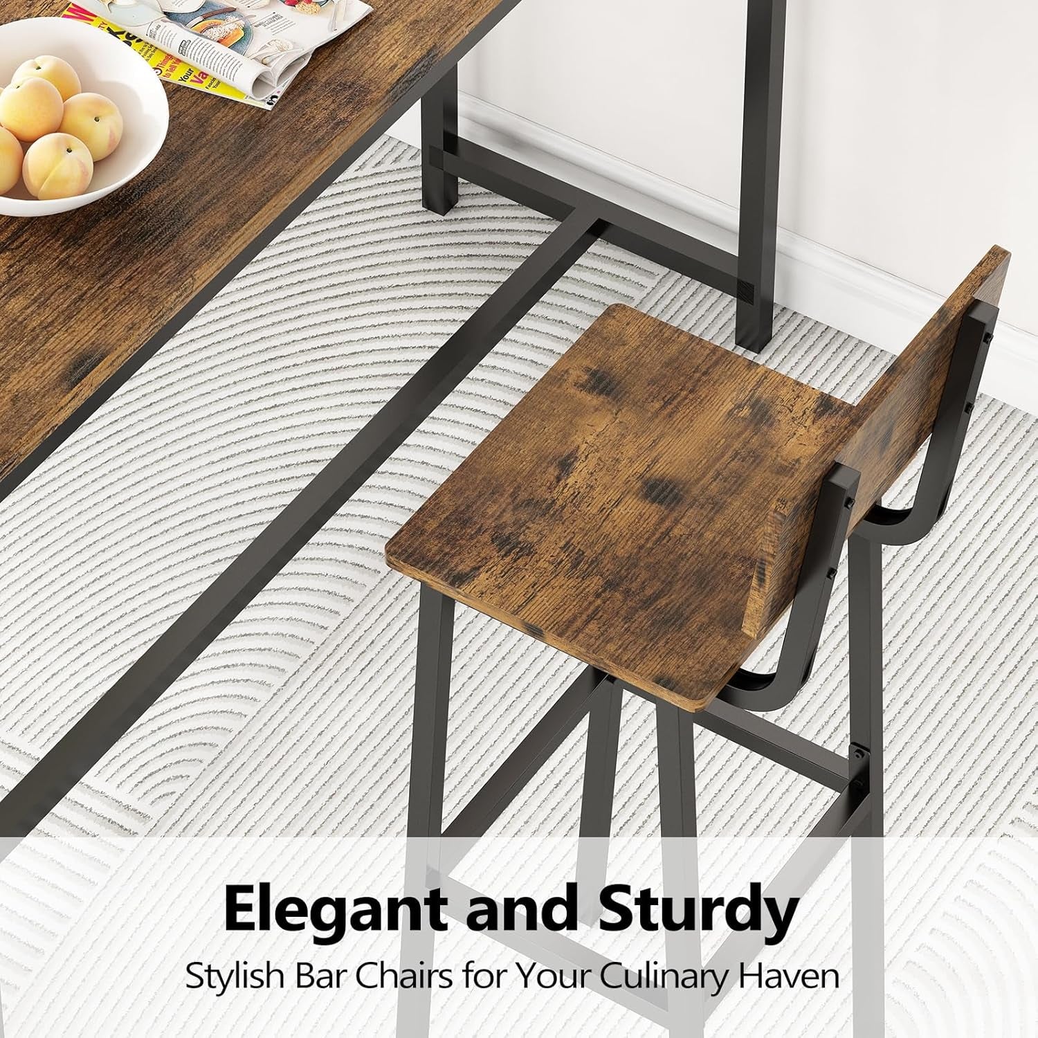 Set of 2 Bar Stools, Tall Bar Stools with Backrest and Footrest, Tall Bar Chairs, Industrial Style Counter Height Bar Stools for Dining Room, Kitchen, Bar Rustic Brown-2