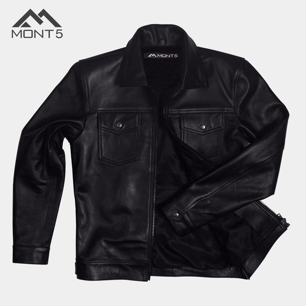 MONT5  Diran Men Black Classic Leather Jacket with Shirt Collar-5