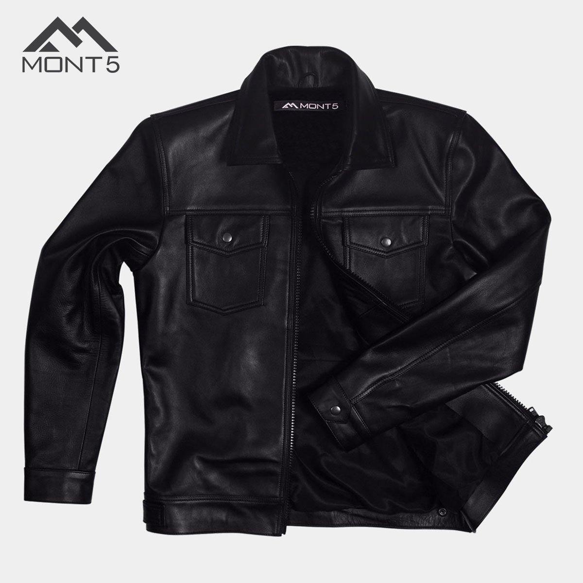 MONT5  Diran Men Black Classic Leather Jacket with Shirt Collar-5