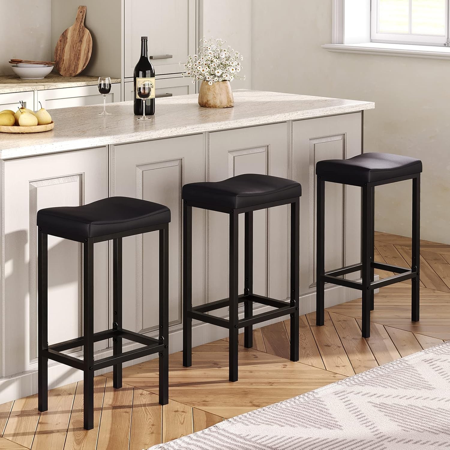 Bar Stools, Set of 2 Bar Chairs, Counter Height Stools, Saddle Stools with Curved Surface, Kitchen Stools, 24.8 Inches, 2.4" Thick Upholstery, for Kitchen, Dining Room, Cafe Black BB10BY01-4