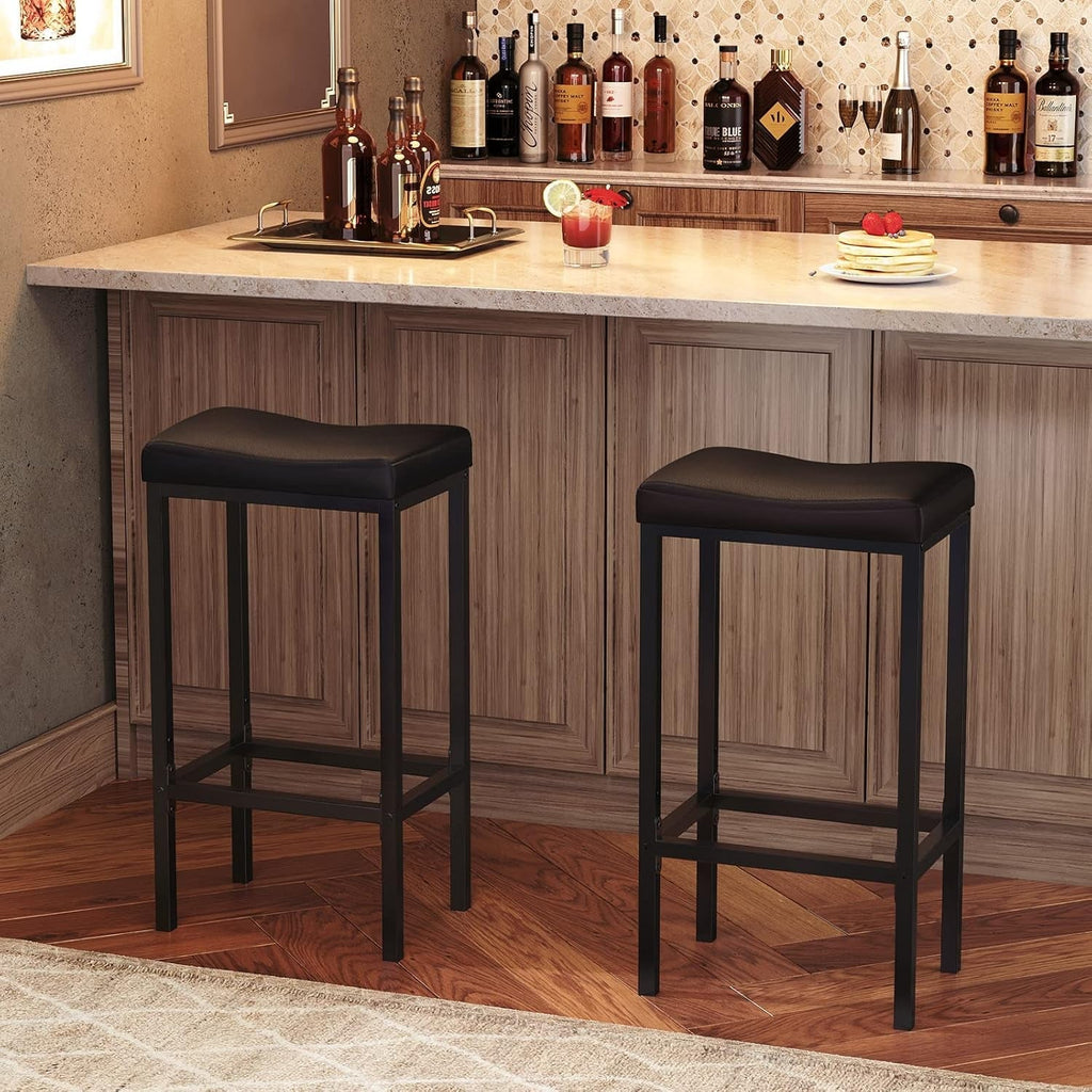 Bar Stools, Set of 2 Bar Chairs, Counter Height Stools, Saddle Stools with Curved Surface, Kitchen Stools, 24.8 Inches, 2.4" Thick Upholstery, for Kitchen, Dining Room, Cafe Black BB10BY01-2