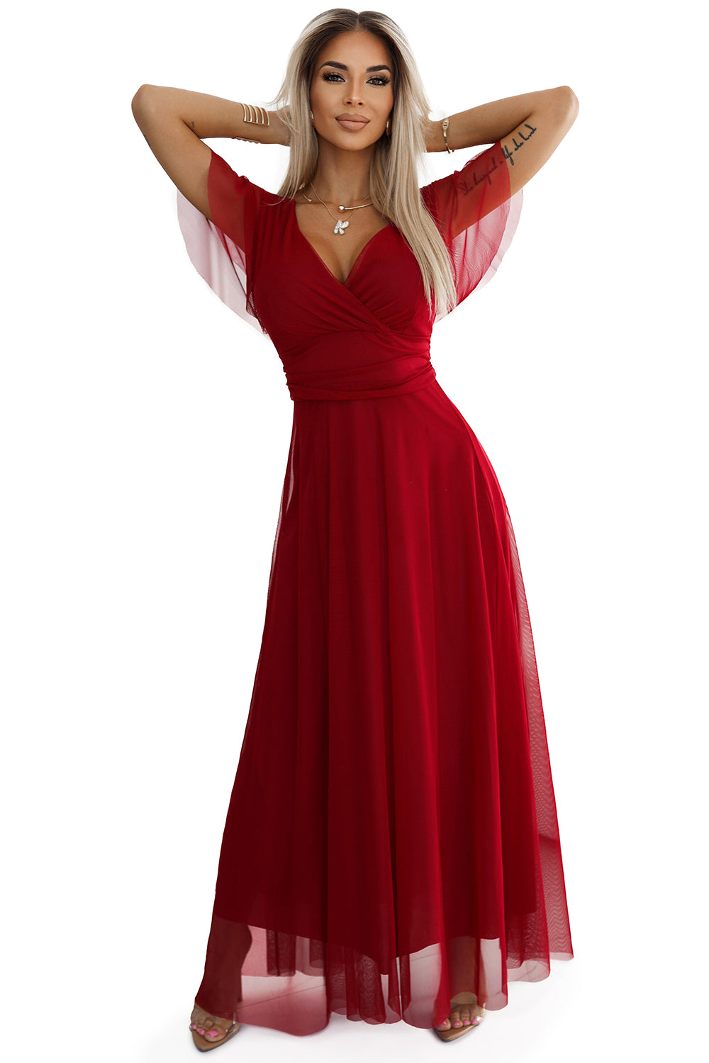 Numoco Basic 562-2 NASTIA Long dress with neckline and short sleeves - burgundy
