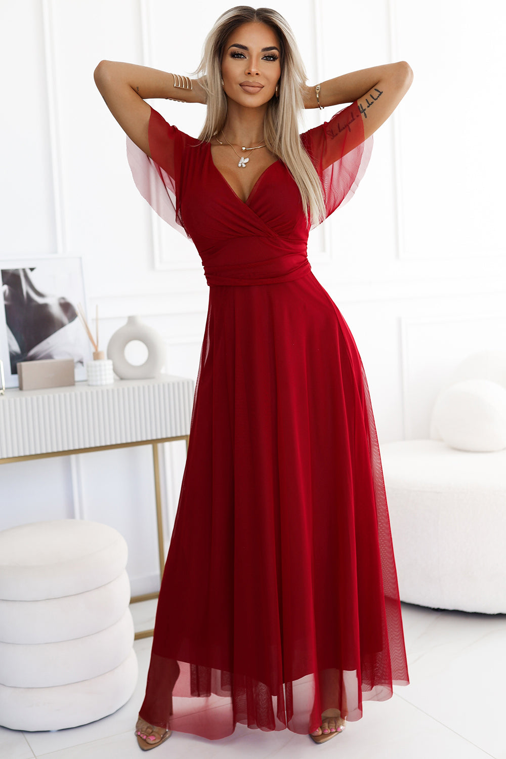 Numoco Basic 562-2 NASTIA Long dress with neckline and short sleeves - burgundy