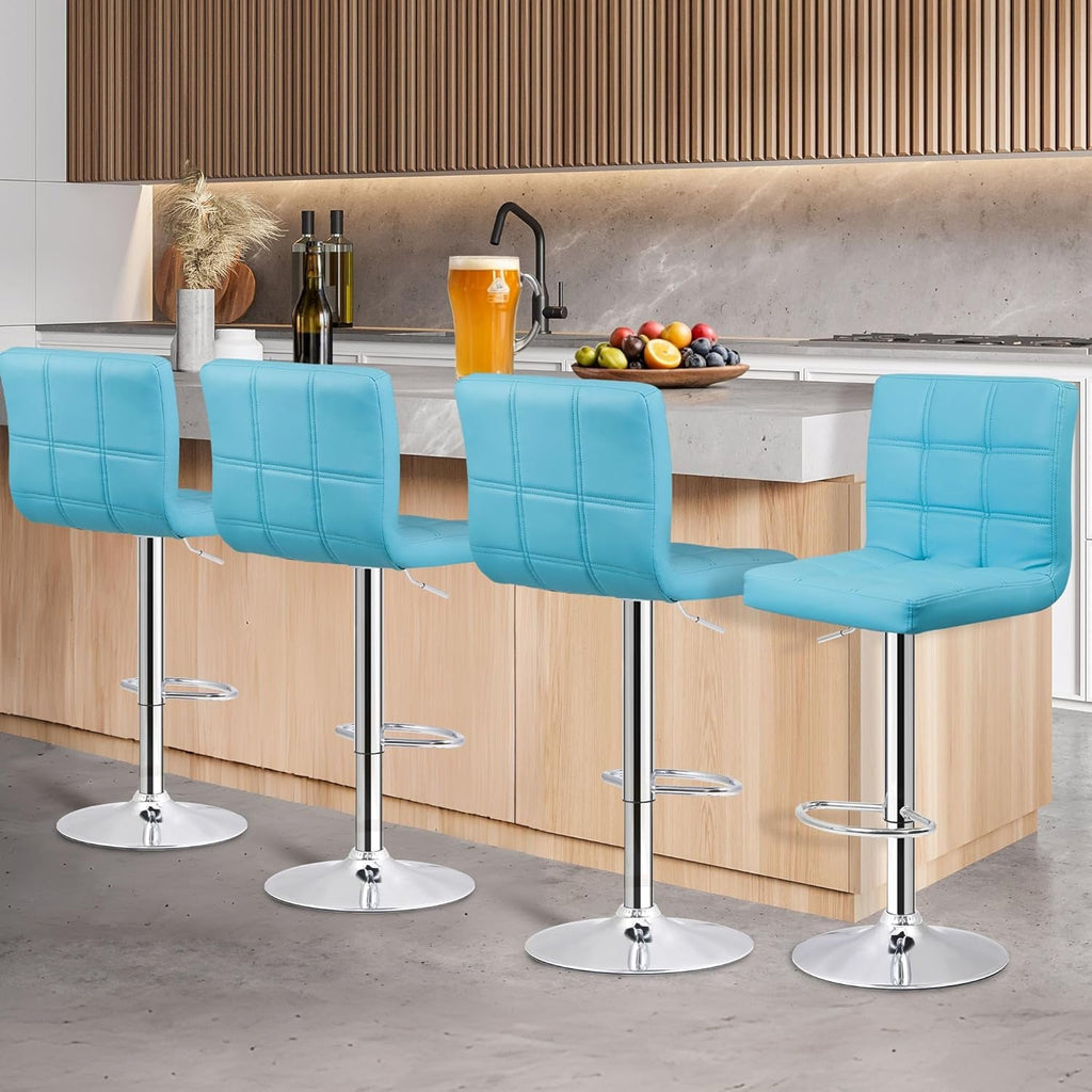 Set of 4 Adjustable Swivel Barstools, Modern PU Leather Kitchen Counter Bar Stools, Square Back Bar Stool (Blue)-1