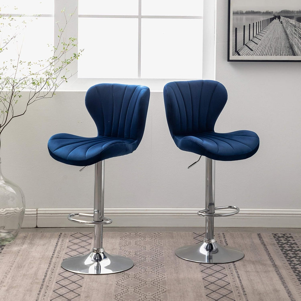 Ellston Velvet Adjustable Swivel Barstools in Blue, Set of 2-2
