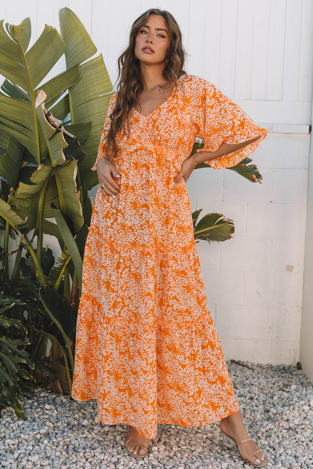 Eileen Floral V Neck Wide Sleeve Maxi Dress-3
