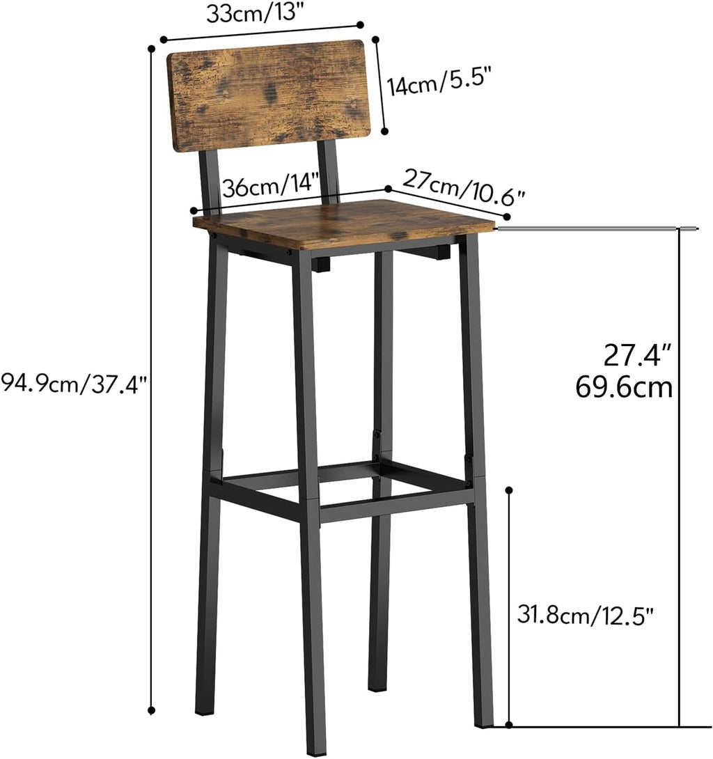 Set of 2 Bar Stools, Tall Bar Stools with Backrest and Footrest, Tall Bar Chairs, Industrial Style Counter Height Bar Stools for Dining Room, Kitchen, Bar Rustic Brown-1