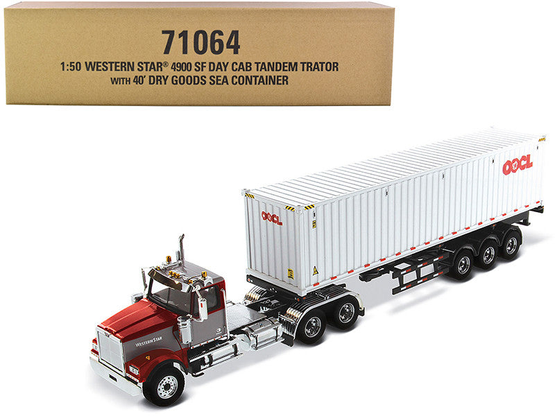 Western Star 4900 SF Tandem Day Cab Truck Tractor Red and Gray with 40' Dry Goods Sea Container "OOCL" White "Transport Series" 1/50 Diecast Model by Diecast Masters-0