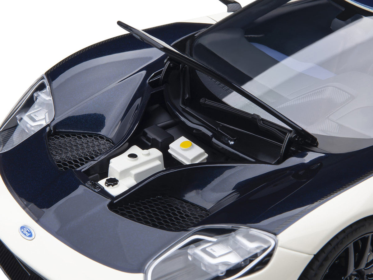 Ford GT Heritage Edition Prototype Wimbledon White with Antimatter Blue Hood and Stripe 1/18 Model Car by Autoart-1