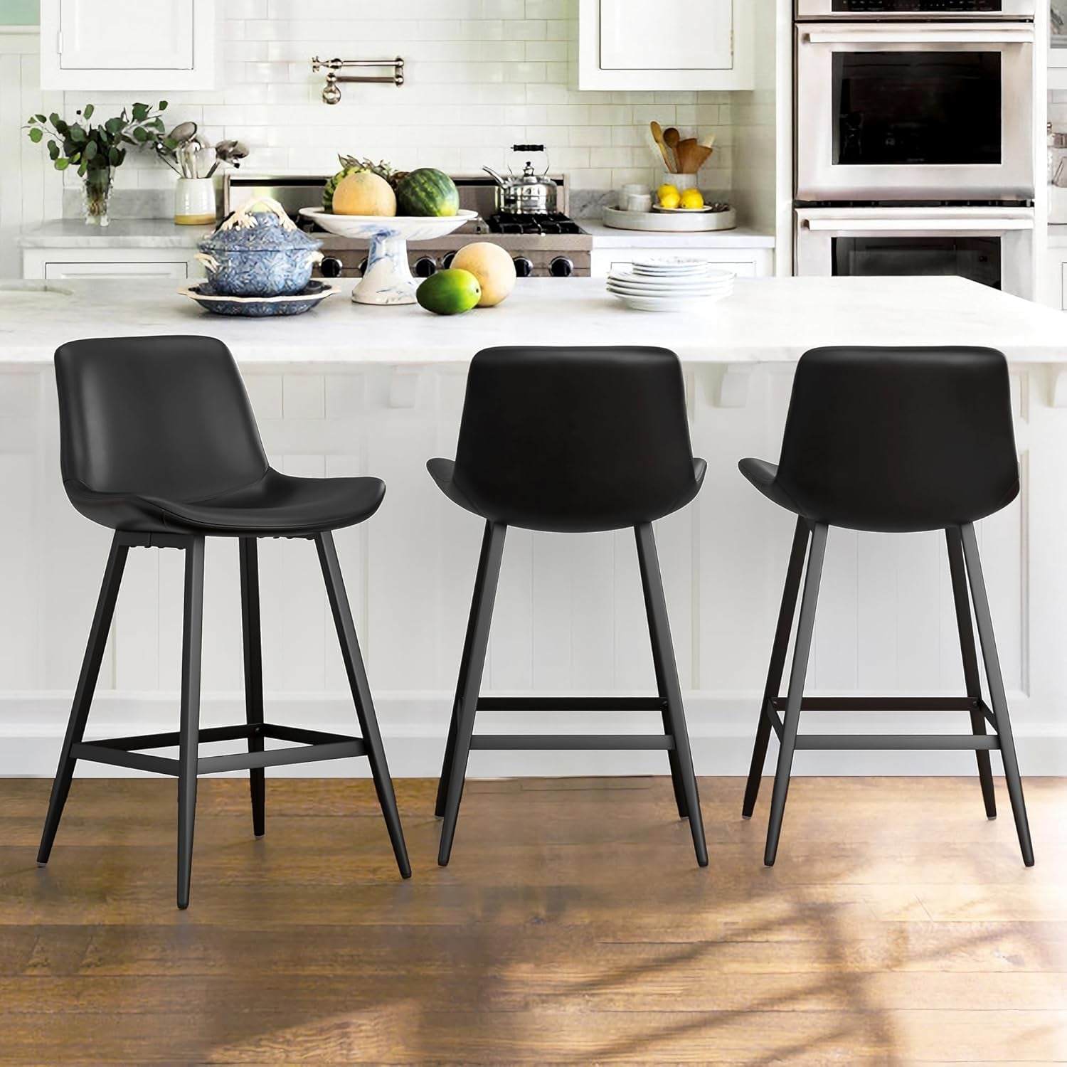 24 Inch Counter Stool, Modern Bucket Barstool Set of 3, Barstools with Back and Footrest, Faux Leather Bar Stools for Kitchen Island Restaurants, Black-0