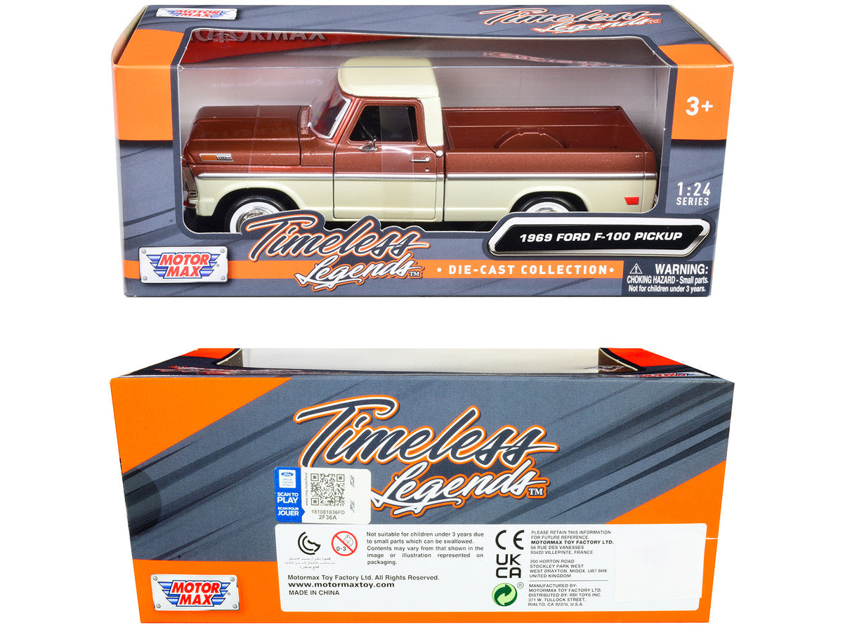 1969 Ford F-100 Pickup Truck Brown Metallic and Cream "Timeless Legends" 1/24 Diecast Model Car by Motormax