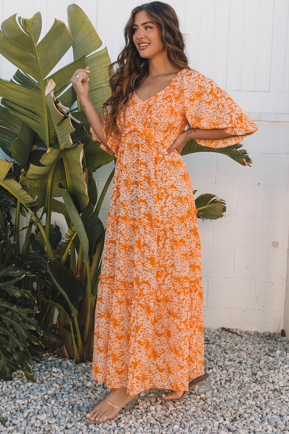 Eileen Floral V Neck Wide Sleeve Maxi Dress-2