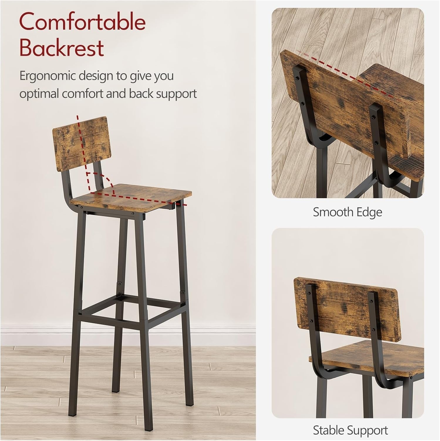 Set of 2 Bar Stools, Tall Bar Stools with Backrest and Footrest, Tall Bar Chairs, Industrial Style Counter Height Bar Stools for Dining Room, Kitchen, Bar Rustic Brown-3