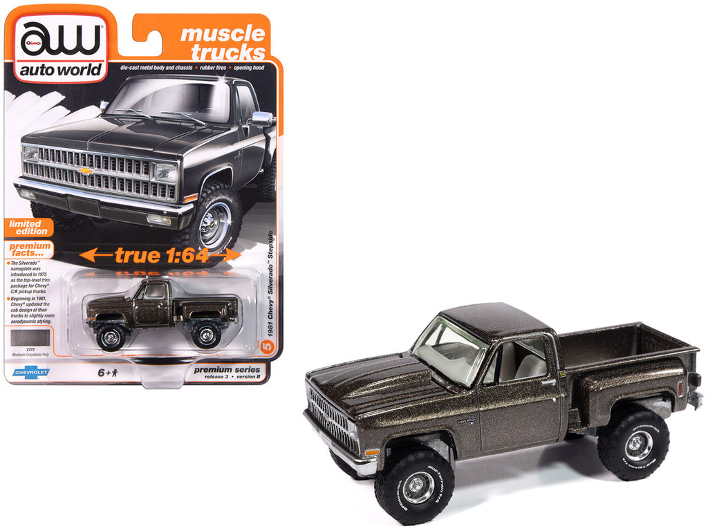 1981 Chevrolet Silverado Stepside Pickup Truck Graystone Metallic "Muscle Trucks" Series 1/64 Diecast Model Car by Auto World-2
