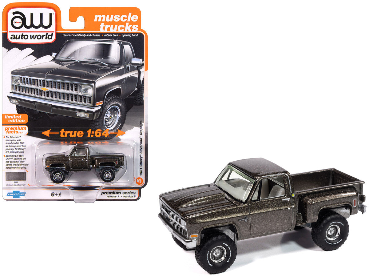 1981 Chevrolet Silverado Stepside Pickup Truck Graystone Metallic "Muscle Trucks" Series 1/64 Diecast Model Car by Auto World-2