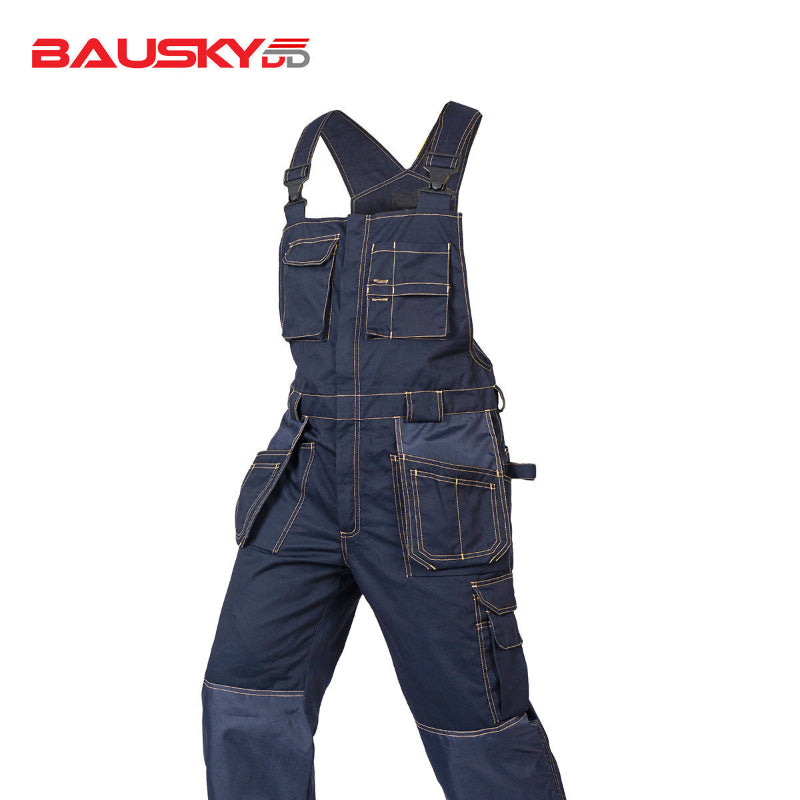 Polyester Bib Overalls for Mechanics with Pockets & Installable Knee Pads