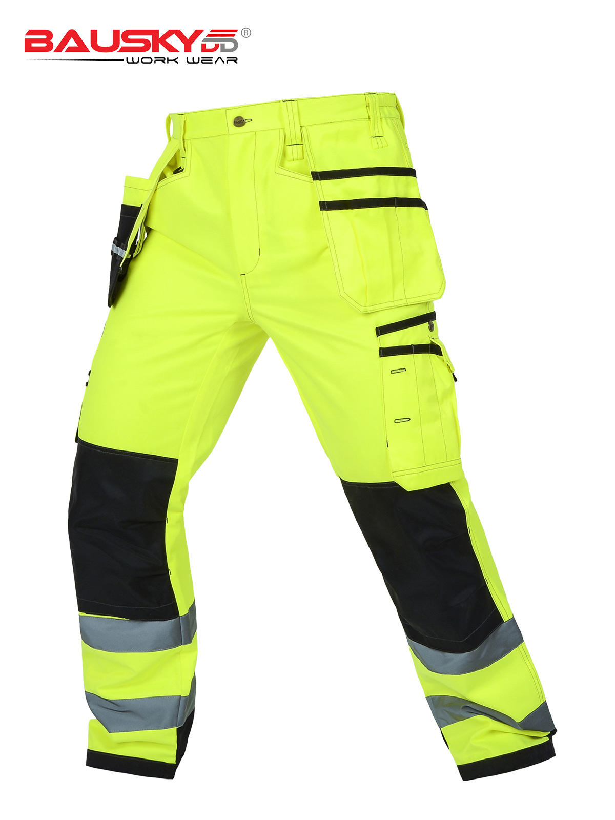 Class 3 High Visibility Cargo Pants, with Multi-Detachable Pockets, Knee Pads Installable,Polyester Cotton for Outdoor Workers [B221]