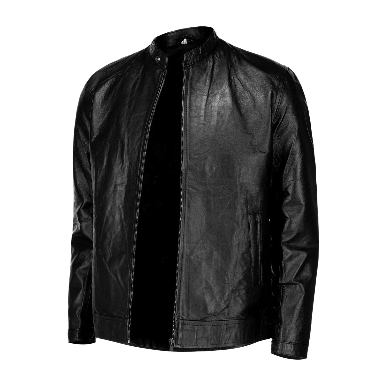 Black Mens Pure Sheep Leather Zipper Jacket-4