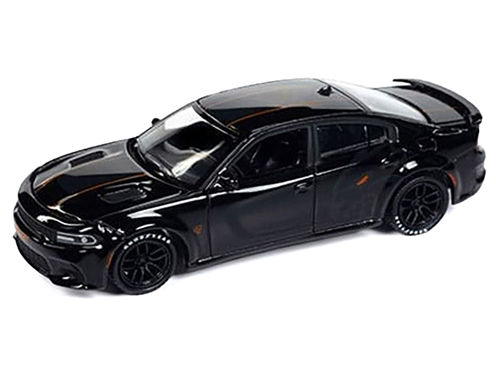 2021 Dodge Charger SRT Hellcat Black with Graphics and Orange Stripes Limited Edition to 4800 pieces Worldwide 1/64 Diecast Model Car by Auto World-1