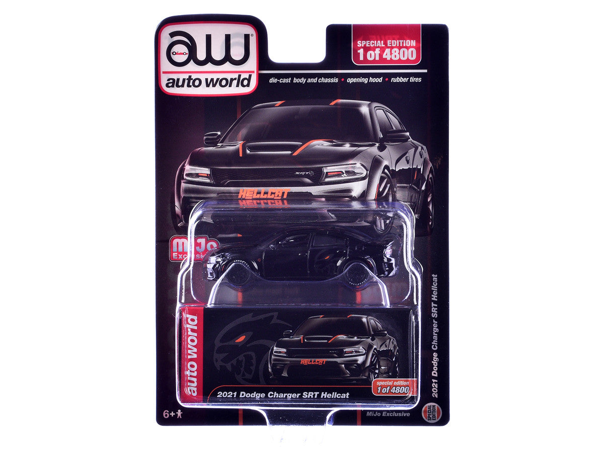 2021 Dodge Charger SRT Hellcat Black with Graphics and Orange Stripes Limited Edition to 4800 pieces Worldwide 1/64 Diecast Model Car by Auto World-2