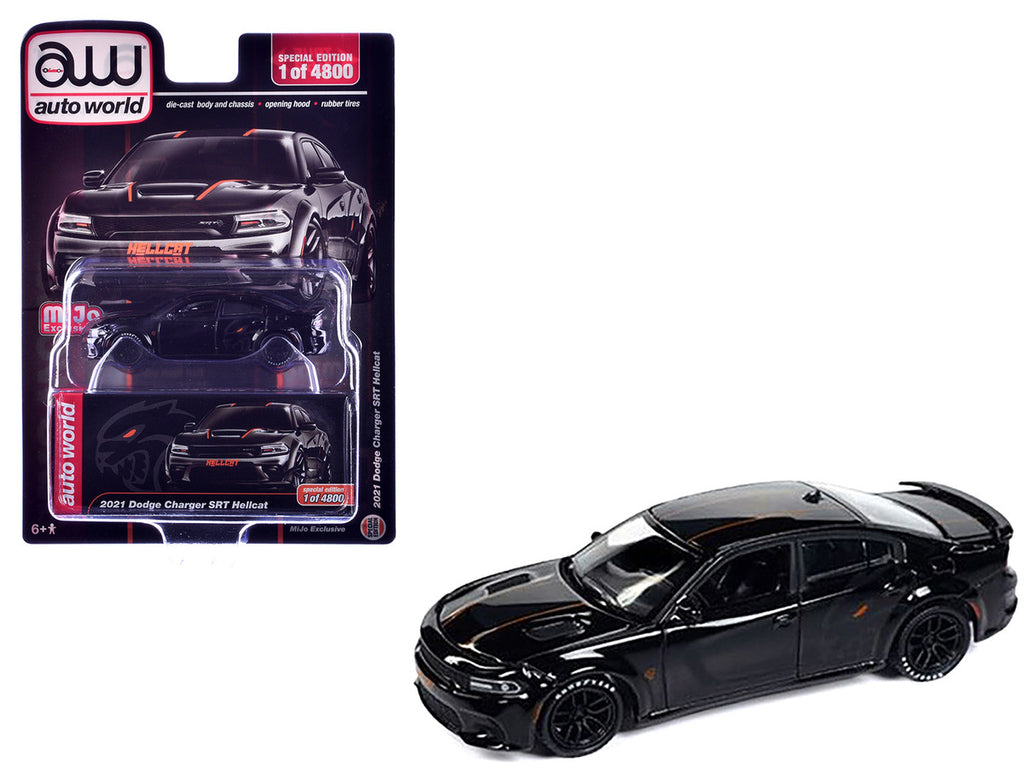 2021 Dodge Charger SRT Hellcat Black with Graphics and Orange Stripes Limited Edition to 4800 pieces Worldwide 1/64 Diecast Model Car by Auto World-0