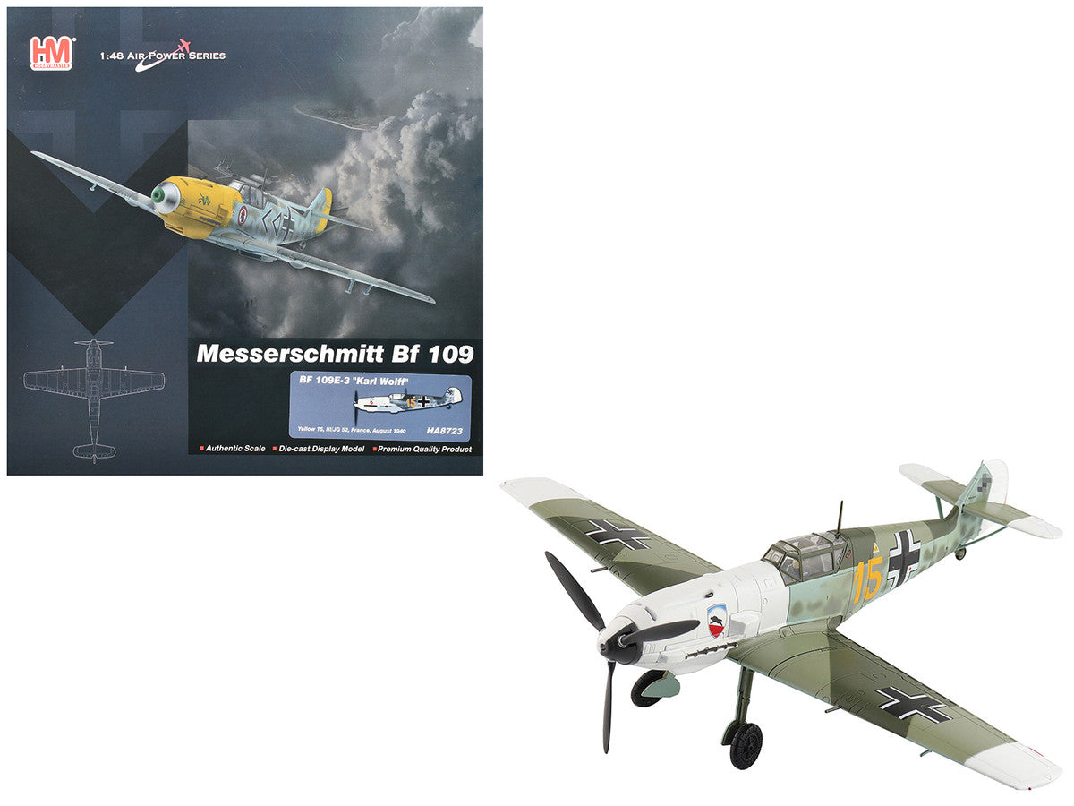 Messerschmitt Bf 109E-3 Fighter Aircraft "Yellow 15 Karl Wolff III/JG 52 France" (1940) German Luftwaffe "Air Power Series" 1/48 Diecast Model by Hobby Master-4