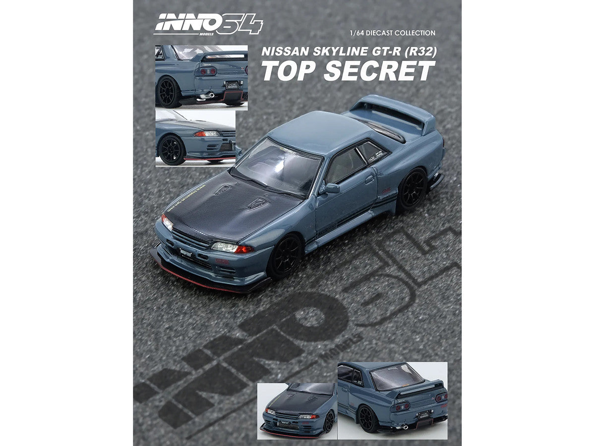 Nissan Skyline "Top Secret" GT-R (R32) RHD (Right Hand Drive) Stealth Gray with Carbon Hood 1/64 Diecast Model Car by Inno Models-1