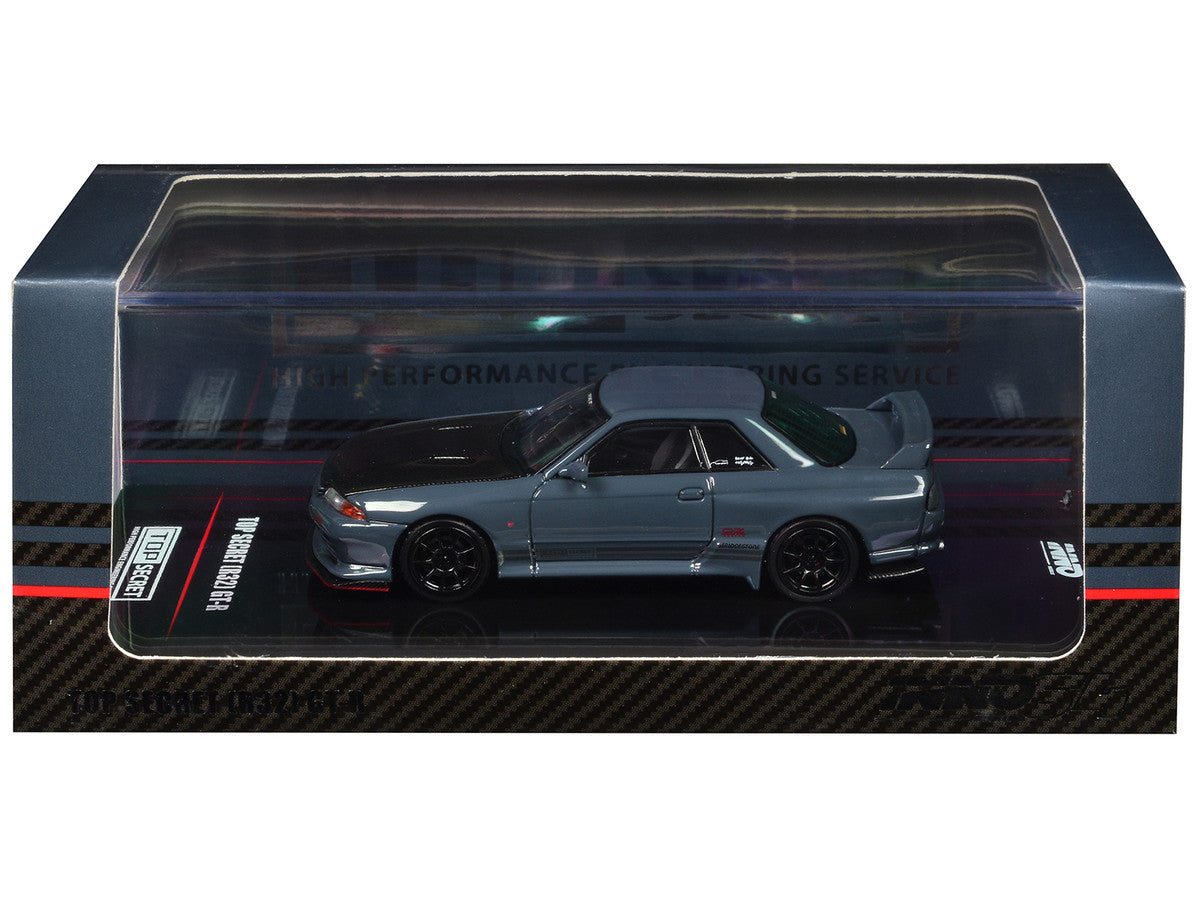 Nissan Skyline "Top Secret" GT-R (R32) RHD (Right Hand Drive) Stealth Gray with Carbon Hood 1/64 Diecast Model Car by Inno Models-0