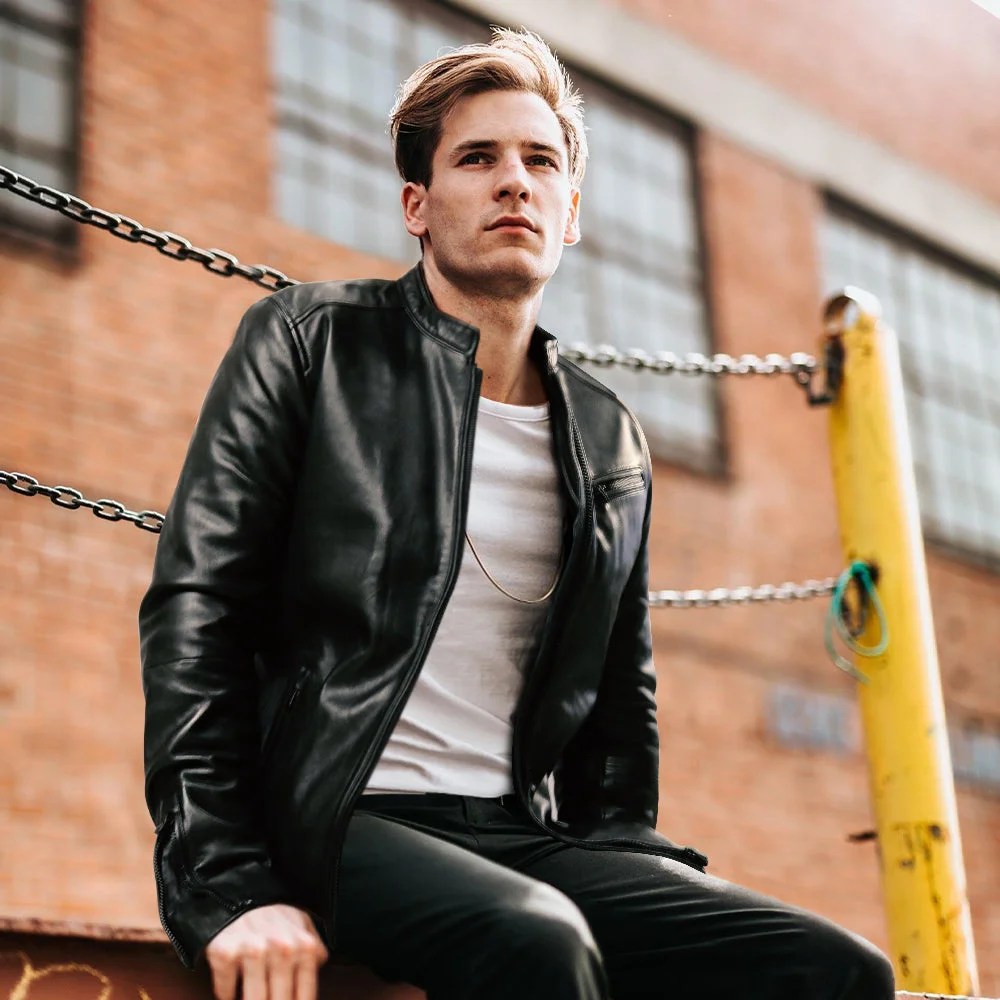 Burton Mandarin Collar Leather Jacket Black