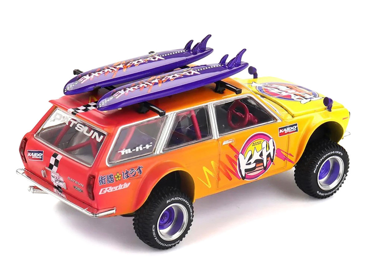 Datsun Kaido 510 Wagon 4x4 RHD (Right Hand Drive) "Kaido Islands V1" Yellow to Red Gradient with Surfboards (Designed by Jun Imai) "Kaido House" Special 1/64 Diecast Model Car by Mini GT