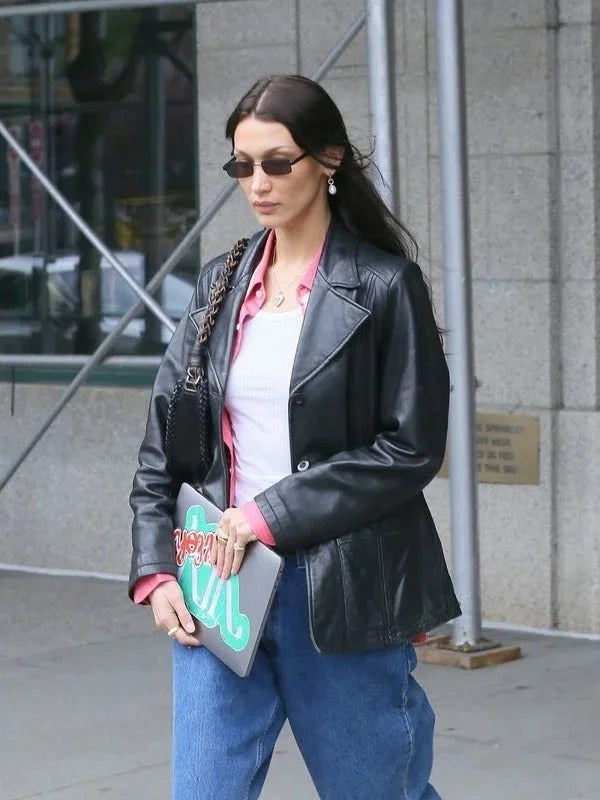 Bella Hadid Leather Jacket Black Button Closure-2