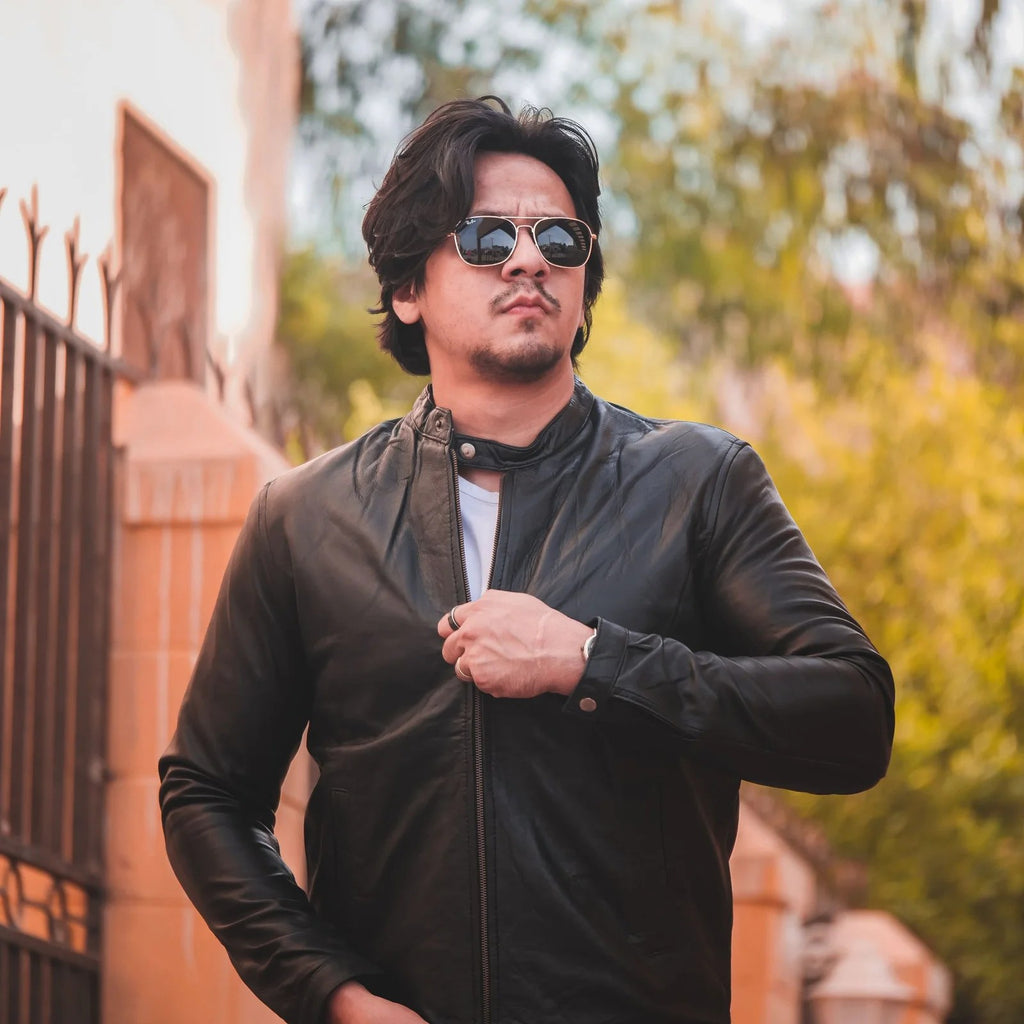 Black Mens Pure Sheep Leather Zipper Jacket-1